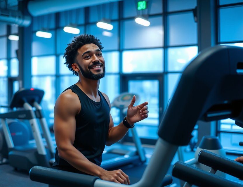 Atleta sonriente en gimnasio moderno de PlayRilo en Madrid, buscando motivación